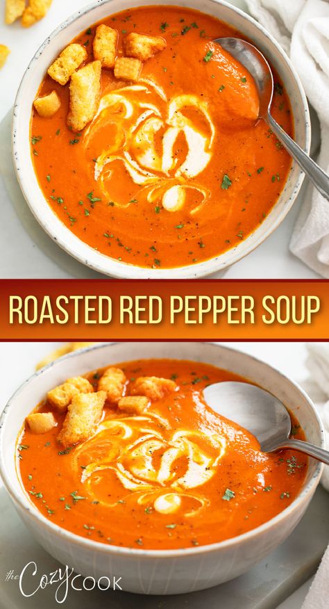 Roasted Red Pepper Soup with croutons and a swirl of cream Roasted Red Pepper Potato Soup, Roasted Red Pepper Soup Jarred Peppers, Roasted Pepper Soup Recipe, Roast Red Pepper Soup, Roasted Bell Pepper Soup, Red Pepper Bisque Soup, Roasted Red Pepper Soup Recipe, Roasted Red Pepper And Tomato Soup, Recipes With Roasted Red Peppers