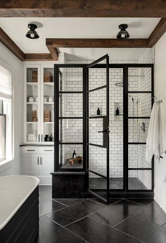 Beautiful Farmhouse Themed Bathroom Ideas and Designs! Discover some of the best farmhouse style bathroom ideas and designs you can use in your own farm home. Walk In Shower Black And White, Build Design, Grey Baths, Bath Renovation, Uh Huh, Master Bath Remodel, Big Bear, House Bathroom, Bathroom Remodel Master