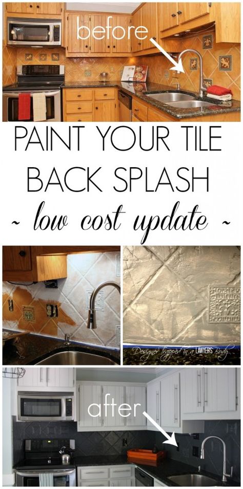 MUST PIN!  You can PAINT your tile backsplash! Talk about a thrifty update. Full tutorial by Designer Trapped in a Lawyer's Body. Paint Tile Backsplash, Eames Design, Backsplash Diy, Paint Backsplash, Tile Painting, Paint Tile, Fireplace Update, Painted Tile, Diy Backsplash