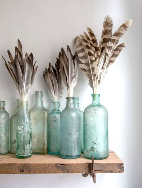 Feast Mode, Bottle Display, Feather Decor, Feather Crafts, Feather Art, Antique Bottles, Vintage Bottles, Decoration Inspiration, A Shelf