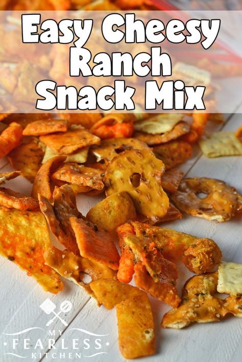 Easy Cheesy Ranch Snack Mix from My Fearless Kitchen. Snack mixes are so much fun to make - and to eat! Where else can you grab a little bit of all your favorite things, mix them together, and call it a recipe? This Easy Cheesy Ranch Snack Mix is exactly what it sounds like, and your whole family will love it! #recipes #snackmix #cheese #ranch #crackers Cheesy Chex Mix, Cheesy Snack Mix, Cheesy Ranch Chex Mix, Ranch Chex Mix, Ranch Crackers, Beer Snacks, Cheesy Ranch, Cheesy Snack, Snack Mixes