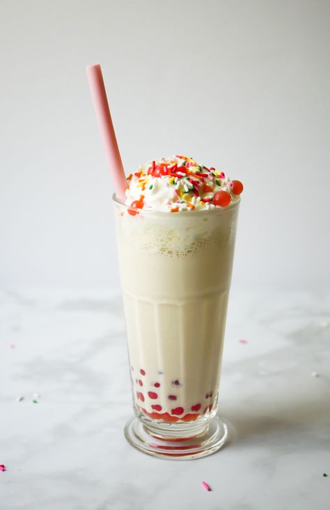 Spiked Vanilla Milkshake with Strawberry “Boba” Pearls Summer Fun Drinks, Boba Strawberry, Milkshake Shop, Strawberry Boba, Boozy Shakes, Summer Drinks Nonalcoholic, Irish Cream Recipe, Simple Sugar Syrup, Boba Recipe