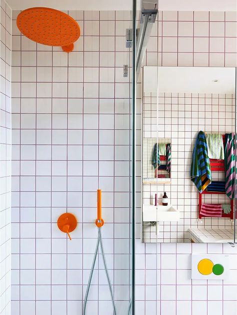 Bathroom Tile Ideas for Every Kind of Home | domino Colorful Grout, Colourful Bathroom, Graphic Tiles, Quirky Bathroom, Striped Tile, Coloured Grout, Marble Showers, Bathroom Tile Ideas, Colourful Tile