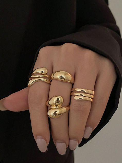 4pcs/Set Minimalist Hug Open Rings, Baroque Style Exaggerate Knuckle Rings Set Gold Fashionable   Zinc Alloy     Women Fashion Jewelry, size features are:Bust: ,Length: ,Sleeve Length: