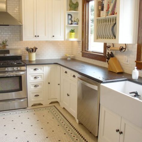 Hex tile in kitchen 1920s Tile Kitchen, Antique Kitchen Floor, Craftsman Kitchen Tile Floor, Vintage Kitchen Flooring, Kitchen Penny Tile Floor, Craftsman Kitchen Tile, Penny Tile Kitchen Floor, Penny Tile Kitchen, Hex Tiles Kitchen