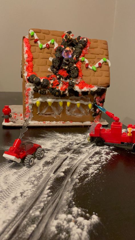 Firehouse Gingerbread House, Dinosaur Gingerbread House, Gingerbread Competition, Fire Fighter Cake, Homemade Gingerbread House, Cool Gingerbread Houses, Gingerbread Ideas, Homemade Gingerbread, Tacky Christmas