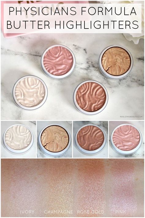 PHYSICIANS FORMULA BUTTER HIGHLIGHTERS REVIEW & SWATCHES • Realizing Beauty Physicians Formula Highlighter, Butter Highlighter, Physician Formula, Best Highlighters, Matte Make Up, Physicians Formula Butter Bronzer, Makeup Crafts, Makeup Recipes, Makeup Favorites