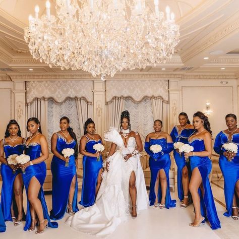 Ebonydami Creations on Instagram: "#tbt🔙📸 to our beautiful Racheal’s bridesmaids 👗 💥💥is giving #royalty 💎💸💸👸 and we loveeeee it #bridesmaiddressesonpoint" Light Blue Bridesmaid Dresses Black Women, Royal Blue Bridesmaid Dresses Black Women, Blue Bridesmaid Dresses Black Women, Blue Wedding Theme Black People, Blue And Silver Bridesmaid Dresses, Wedding Bridesmaid Dresses Blue, Wedding Aesthetic Blue, Royal Blue Beach Wedding, Royal Blue Wedding Party