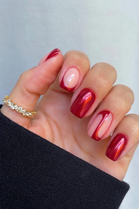 Get ready to be mesmerized by these flawless nails! Sleek squoval tips covered in a glossy, transparent pink create the perfect canvas for the eye-catching red chrome French tips. But wait, there's more! An adorable and artistic vertical swirl accent on the accent nail adds an extra touch of charm. Prepare to be captivated by this unique and stunning manicure! // Photo Credit: Instagram @nails.by.iz_ Red Chrome French Tip Nails Square Short, Transparent Red Nails, Cute Chrome Nails, Trendy Classy Nails, Chrome French Tips, Manicure Photo, Red Chrome Nails, Trendy Manicure, Chrome French