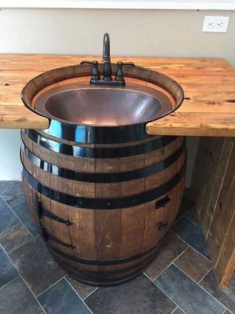 Custom DIY bar counter/sink Wine Barrel Sink Bathroom, Barrel Sink Bathroom, Wine Barrel Sink, Whiskey Barrel Sink, Rustic Basement Bar, Barrel Sink, Backyard Bbq Party, Diy Seating, Backyard Seating Area