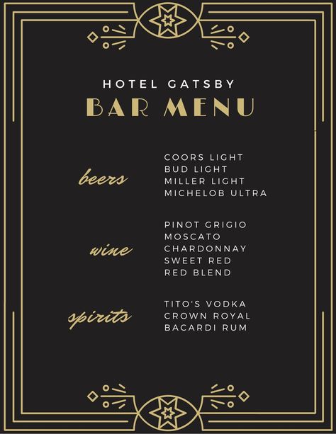 Black Gold Great Gatsby Bar Menu - Templates by Canva Menu Template Blank, Great Gatsby Bar, Speakeasy Menu, Grad Banquet, Gatsby Bar, Christmas Menu Design, Drink Menu Template, Party Like Gatsby, Speakeasy Party