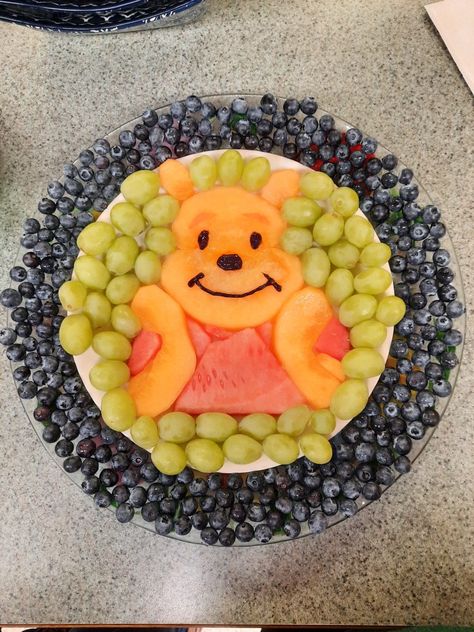 Winnie The Pooh Fruit Tray Ideas, Winnie The Pooh Fruit Ideas, Pooh Fruit Tray, Winnie The Pooh Fruit Tray, Winnie Pooh Baby Shower Cake, Bear Themed Food Ideas, Winnie The Pooh Gender Reveal Ideas Decoration, Winnie The Pooh Shower Food, Wine The Pooh Baby Shower Ideas