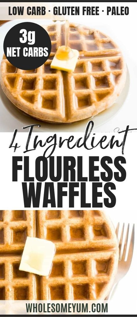 4-Ingredient Flourless Low Carb Waffles (Paleo, Gluten-Free) - These delicious, nutty flourless waffles are naturally paleo, low carb, and gluten-free. Made with just four simple ingredients, and no flour of any kind! #wholesomeyum #lowcarb #paleo #breakfast #waffles Flourless Waffles, Keto Brood, Low Carb Waffles, Low Carb Granola, Gluten Free Waffles, Paleo Low Carb, Breakfast Waffles, Keto Friendly Desserts, Low Carb Diets