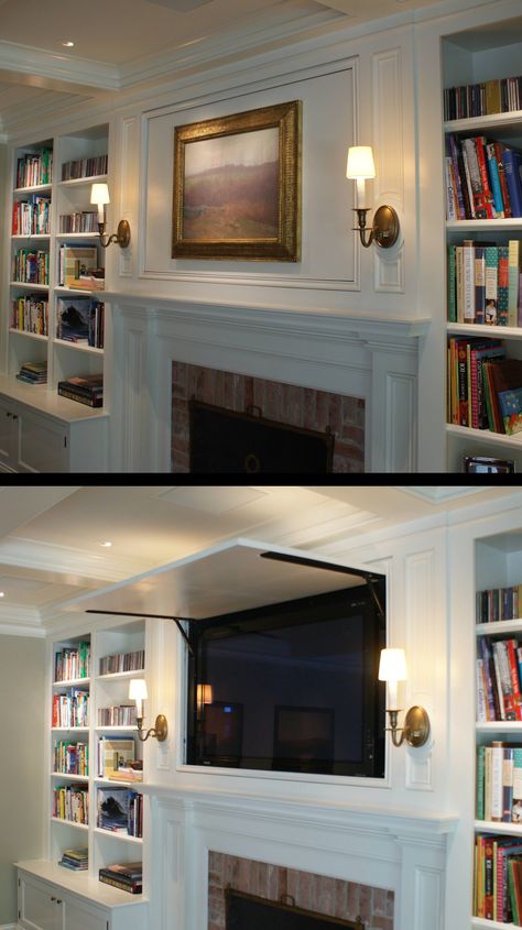 Tv Cabinet Over Fireplace Hide Tv, Covered Tv Over Fireplace, Fireplace Tv Cover, Hidden Tv Over Mantle, Tv In Bookcase Beside Fireplace, Hidden Tv Over Fireplace Ideas, Hidden Tv In Bookcase, Covering A Tv On The Wall, Built In Fireplace Mantle