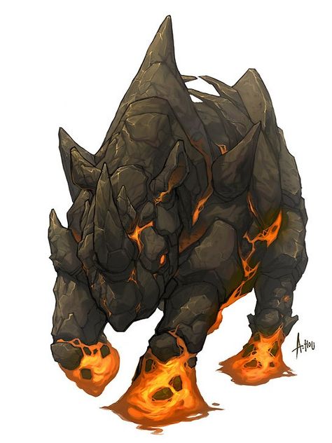 Magma Monster Art, Elemental Creature Art, Fire Creature Art, Fantasy Fire Creatures, Fire Creature Concept Art, Fantasy Beasts Monsters, Rhino Concept Art, Fantasy Rhino, Fire Golem