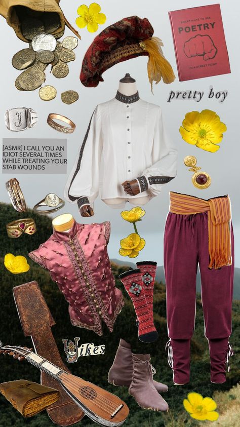 Jaskier outfit mood board. #bardcore #thewitcher #jaskier #bard #dandelion #geraskier Bardcore Outfits, Bard Outfit, Bard Aesthetic, Outfit Mood Board, Ren Faire Costume, Medieval Aesthetic, Ren Fest, The Witcher, Larp