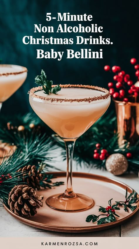 Baby Bellini Mocktail Recipe. 5-minute Non-Alcoholic Christmas Drinks. Create a festive atmosphere with these non-alcoholic beverages that are perfect for your holiday table. These drinks are great for Christmas family dinners and make everyone feel special. A great way to add sparkle to your celebration without any alcohol! Winter Mocktails Non Alcoholic, Bellini Mocktail, Alcohol Free Drink Recipes, Cranberry Kombucha, Drinks Thanksgiving, Christmas Drinks Nonalcoholic, Holiday Cocktail Recipes, Summer Mocktails, Mulled Apple Cider