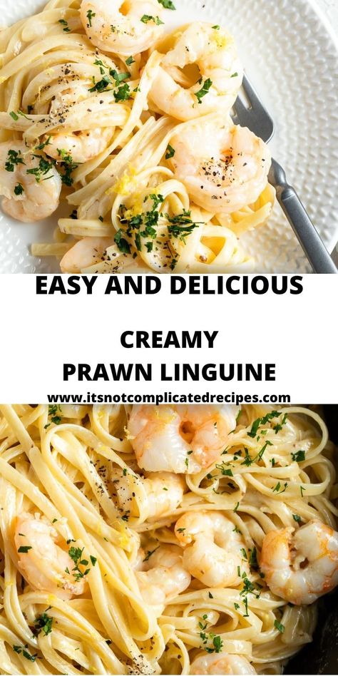 This Creamy Prawn Linguine will become a regular addition to your pasta repertoire. You can prepare this meal quickly and easily, making it suitable for busy weeknights but sufficiently elegant to serve when entertaining. The delicately flavoured prawns are bathed in a creamy garlic sauce which is highlighted by the tang of lemon juice and zest. It is so delicious! Prawn Linguini Recipe, Creamy Prawn Pasta Recipe, Prawn Linguine Recipe, Creamy Prawn Linguine, Creamy Garlic Prawn Pasta, Creamy Prawn Pasta, Garlic Prawn Pasta, Prawn Sauce, Creamy Garlic Prawns