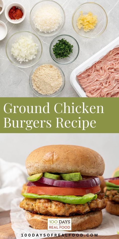 Healthy Ground Chicken Burgers. This easy Ground Chicken Burgers Recipe is perfect for a quick and easy lunch or dinner idea. Ground chicken burgers offer a leaner and healthier option than beef patties. Plus homemade chicken patties are easy to make and flavorful. The best part? These Ground Chicken Burgers are great baked in the oven, thrown on the grill, or cooked in the air fryer. Homemade Chicken Patties, Healthy Ground Chicken, Ground Chicken Burgers, Chicken Burgers Recipe, Beef Patties, Chicken Burger, Chicken Patties, Easy Lunch, On The Grill