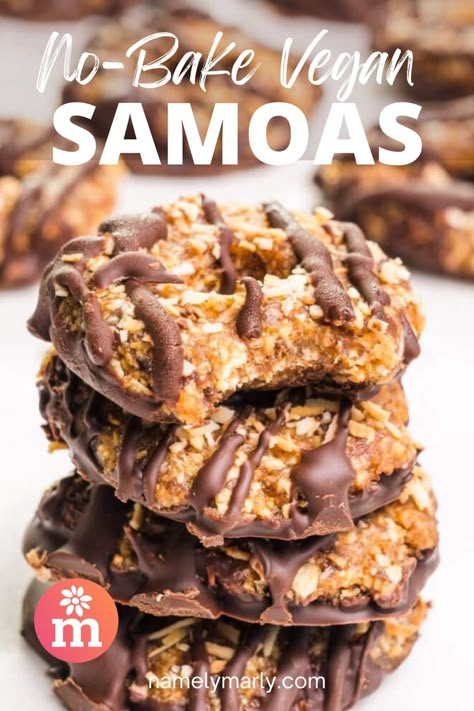 No Bake Samoa Cookies (girl Scout Copycat), Vegan Samoa Cookies, Vegetarian Desert Ideas, Healthy Bake Sale Treats, No Bake Samoa Cookies, Healthy Samoa Cookies, Raw Vegan Cookies, Vegan Snack Recipes Easy, No Bake Vegan Cookies