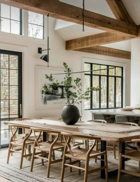 Modern Casual Dining Room, Modern European Dining Room, Dining Table Next To Kitchen Island, Farmhouse Modern Dining Room, Dining Room Wood Table, Rustic Modern Dining Room, Cozy Organic Modern, Rustic Modern Dining Table, Modern Rustic Dining Room