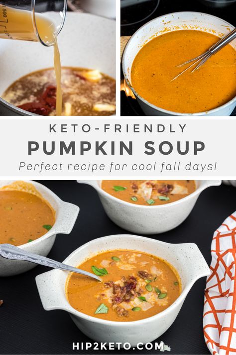 This delicious keto-friendly pumpkin soup will warm you up on a cool fall day with all of its rich savory spices and sweet pumpkin goodness! #keto #lowcarb #pumpkin #pumpkinsoup #souprecipes #ketorecipes #soup Keto Pumpkin Soup, Keto Grilled Cheese, Pumpkin Sausage, Trim Healthy Mama Diet, Spiced Pumpkin Soup, Food Rotation, Soup Keto, Roast Pumpkin Soup, Keto Soups