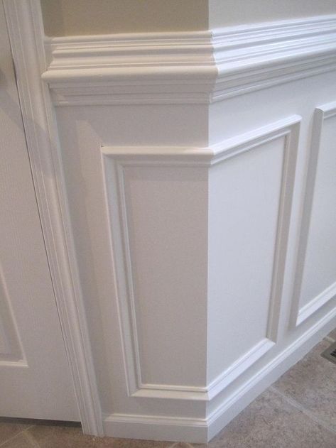 You can find more information for how we installed this chair rail & wainscoting in our entry on my blog at- http://designedtodwell.blogspot.com/2012/01/tips-for-installing-chair-rail.html Chair Rail Wainscoting, Wall Paneling Ideas, Paneling Ideas, Wainscoting Stairs, Wainscoting Ideas, Wainscoting Bedroom, Wainscoting Bathroom, Wainscoting Styles, Diy Wainscoting