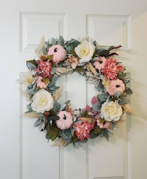 Pink Farmhouse, Fall Pink, Farmhouse Wreaths, Cottage Wreath, Wreath Indoor, Homemade Wreaths, Floral Grapevine, Lambs Ear Wreath, Pink Fall