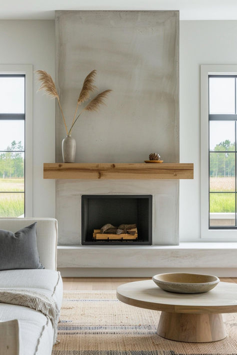 40 Amazing Modern Mantel Decor Ideas You Should See Now Fireplace Surround And Mantel Ideas, Corner Round Fireplace, Organic Modern Mantel Decor, Earthy Fireplace Ideas, Minimalist Modern Fireplace, New Mexico Fireplace, Plaster Wall Fireplace, Country Modern Fireplace, California Fireplace Ideas