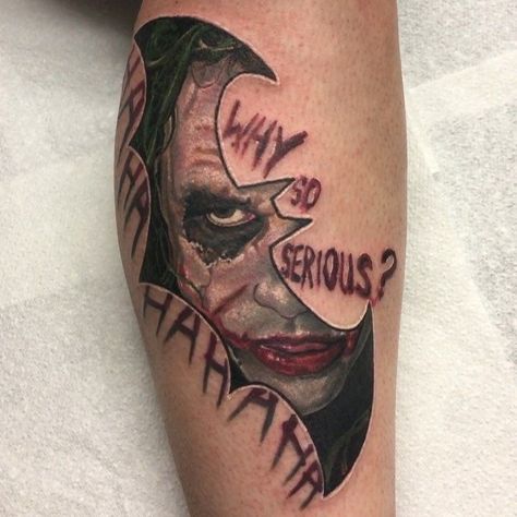 Heath Ledger Tattoo, Batman Joker Tattoo, Why So Serious Tattoo, Batman Symbol Tattoos, Tato Joker, Bats Tattoo, Boyfriend Art, Harley Tattoos, Joker Tattoo Design