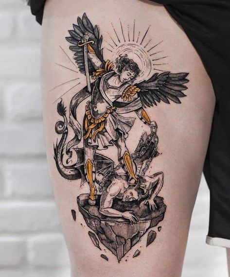 Archangel Michael Tattoo, St Michael Tattoo, Archangel Tattoo, Shape Tattoo, Angel Tattoo Designs, Religious Tattoos, Mythology Tattoos, Greek Tattoos, San Michele