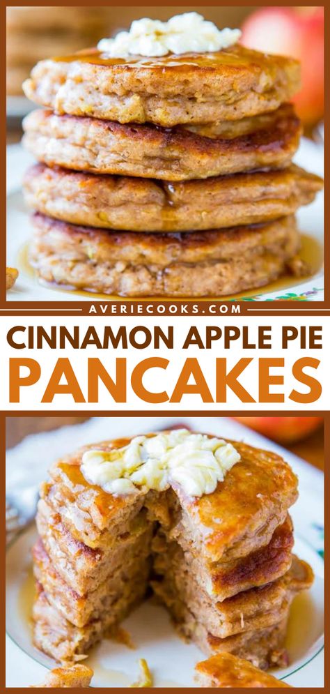 Cinnamon Apple Pancakes (with Vanilla Maple Syrup!) - Averie Cooks Apple Pie Pancakes, Apple Pancake Recipe, Apple Cinnamon Pancakes, Cinnamon Apple Pie, Best Pancake Recipe, Apple Pancakes, Breakfast Sweets, Tasty Pancakes, Fall Breakfast