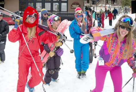 From left, Kate Elkind, Becca Gerber, Sarah Beal and Abby Clark head for the lifts Wednesday dressed in their finest Gaper Day outerwear, Jackson Hole’s version of an April Fools’ Day celebration. The last day of the ski season is Sunday, where there will surely be an equally well-costumed party ready to take over the mountain. PRICE CHAMBERS / NEWS&GUIDE Abby Clark, Wednesday Dress, Ski Party, Ski Aesthetic, Rise Festival, Ski Outfit, Ski Season, 90s Aesthetic, Gap Year