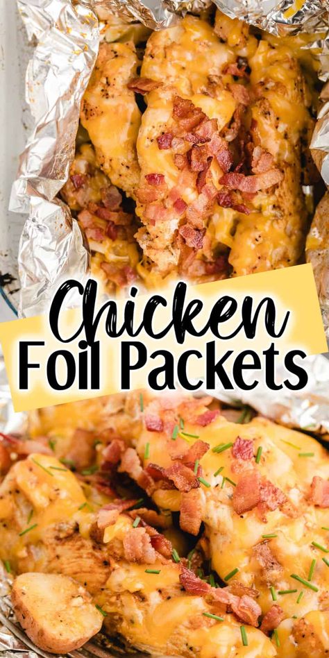 Our chicken foil packets are a fuss-freeway to make cheesy chicken and potatoes in the oven, on the grill, or over a campfire. This delicious recipe makes tender chicken and seasoned vegetables. It’s a fun way to make a meal for the whole family to enjoy and super easy cleanup! Tin Foil Chicken Dinners, Chicken Pouches Foil Packets, Chicken Campfire Recipes, Healthy Oven Meals For Family, Foil Chicken Packets For The Grill, Chicken Foil Packets For The Oven Simple, Hobo Foil Packs Chicken In Oven, Chicken Packets For The Oven, Chicken Tin Foil Dinners