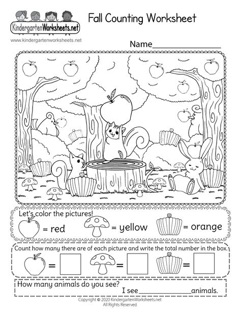 Fall Counting Worksheet for Kindergarten - Free Printable, Digital, & PDF Kindergarten Fall Worksheets, Fall Math Kindergarten, Fall Preschool Worksheets, Counting Worksheets For Kindergarten, Counting Worksheet, Fall Worksheets, Animals Playing, Kindergarten Math Worksheets Free, Fall Scenery