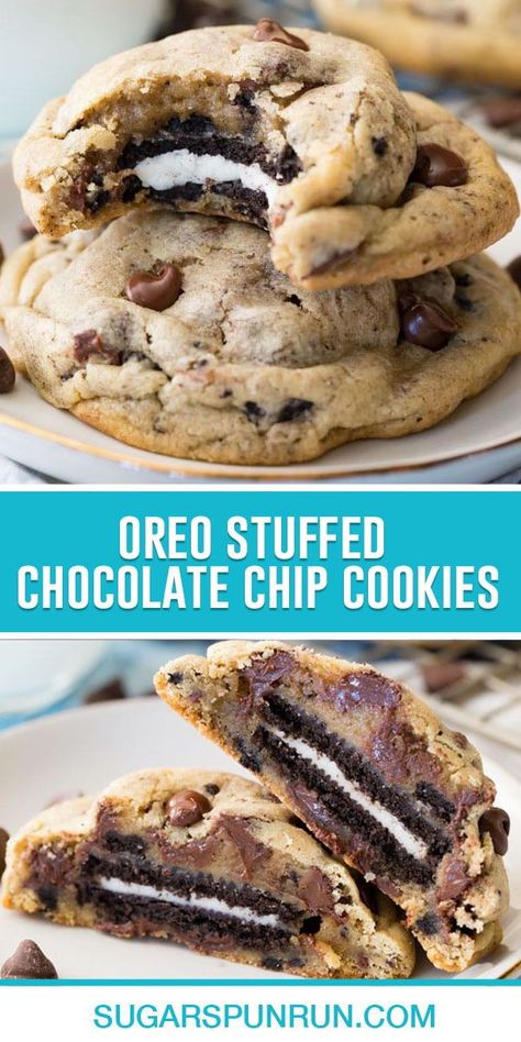 Different Kinds Of Chocolate Chip Cookies, Chocolate Chip Cookie Ideas Fun, Cookie Stuffed Oreo, Chocolate Chip Cookie With Oreo Inside, Big Oreo Cookie, Oreo Chip Cookies, Oreo Chocolate Chip Cookies Brownie, Cookie With Oreo Inside, Baking Recipes With Oreos