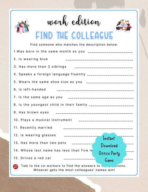 Printable Find the Colleague Office Party Game Coworker Staff Game Fun Work Party Game Retirement Party, Icebreaker Teambuilding Game - Etsy Team Building Activities For Dental Office, Team Appreciation Ideas Offices, Fun Things To Do With Office Staff, Team Building Exercises Staff Meetings, Fun Games For Staff Meetings, Team Building Excersices For Work, Staff Get To Know You Activities, Office Scavenger Hunt Team Building, Fun Coworker Activities