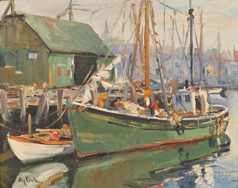 "Italian Fishing Boat Gloucester," Otis Pierce Cook, oil on canvasboard, 16 x 20", private collection. Sailing Art, Maritime Art, Childe Hassam, Boat Art, Boat Painting, Painting Medium, Color Painting, Night Painting, Fishing Boat