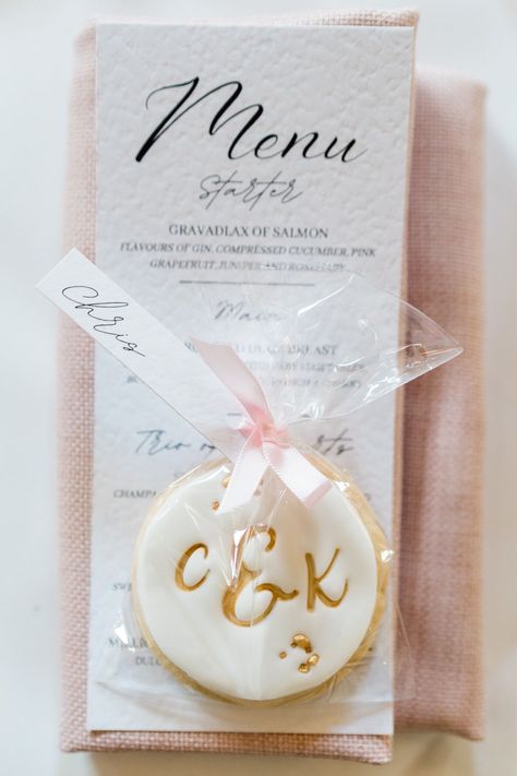 Personalised Monogram Biscuit Favour West Suffolk Barn Wedding Gemma Giorgio Photography #wedding #placename #weddingfavour Wedding Favors At Place Setting, Wedding Favours Cookies, Wedding Favor Biscuits, Wedding Favours Biscuits, Gingerbread Wedding, Biscuit Favours, Wedding Favor Cookies, Wedding Favour Cookies Decorated, Personalised Biscuits Wedding