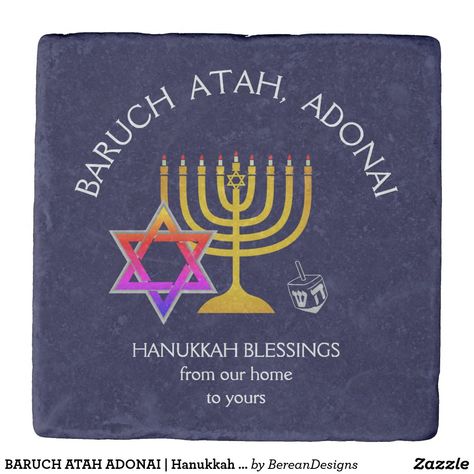 Baruch Atah Adonai, Hanukkah Blessings, Hebrew Prayers, Blue Gray Gold, Hanukkah Gifts, Stone Coasters, Stylish Home Decor, Menorah, Star Of David