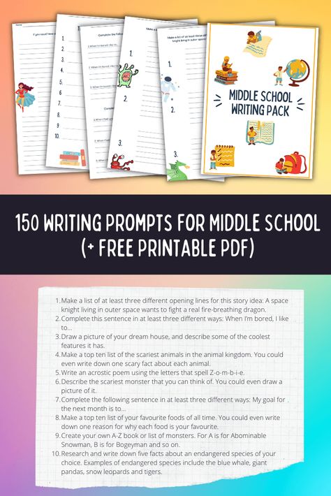 List of 150 writing prompts for middle school students. Plus a free printable writing pack for middle schoolers. See our list now. Easy Writing Prompts, Writing Prompts For Middle School, School Free Printables, Printable Writing Prompts, Middle School Writing Prompts, Story Writing Prompts, Middle School Writing, Writing Prompts For Kids, School Writing