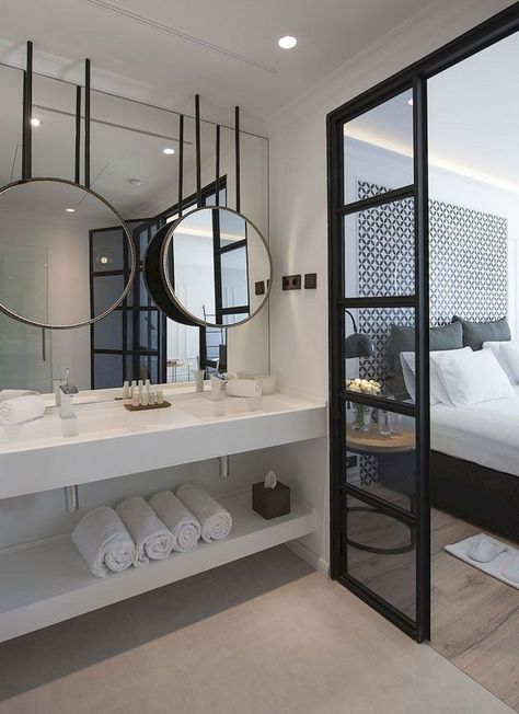 59+ Marvelous Open Bathroom Concept For Master Bedrooms Decor Ideas,  #Bathroom #Bedrooms #Concept #Decor #Ideas #Marvelous #Master #Open Check more at https://g35.zori.xyz/59-marvelous-open-bathroom-concept-for-master-bedrooms-decor-ideas-2/ Open Bathroom Concept, Drømme Bad, Hotel Bathroom Design, Open Bathroom, Interior Design Minimalist, Bad Inspiration, Bedrooms Decor, Floating Vanity, Hotel Bathroom