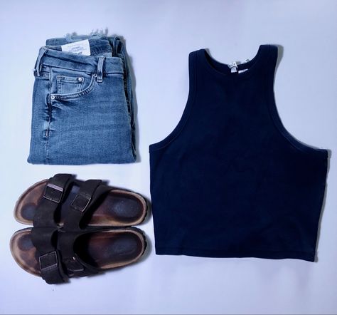 Blue crop tank Size: medium From: H&M / Distressed jeans Size: 4 From: H&M / Birkenstocks Size: 39 narrow Color: mocha Style: Arizona Birkenstock Milano, Overall Shorts, Crop Tank, Distressed Jeans, Mocha, Birkenstock, Arizona, Jeans Size, Overalls