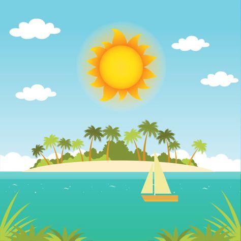 Sunny Beach Background Sunny Day Cartoon, Sunny Illustrations, Sunny Day Pictures, Sunny Background, Beach Crafts For Kids, Weather Clipart, Sunny Pictures, Beach Vector, Beach Cartoon