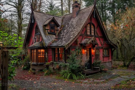 Fairytale cottage nestled in the woods with warm lights illuminating the night Magical Cottage In The Woods, House In Forest Cottages, Cottage In The Woods Fairytale, Cottage At Night, Cottage In Forest, Cozy Cottage In The Woods, Terraced Cottage, Cottages In The Woods, Gingerbread Inspiration