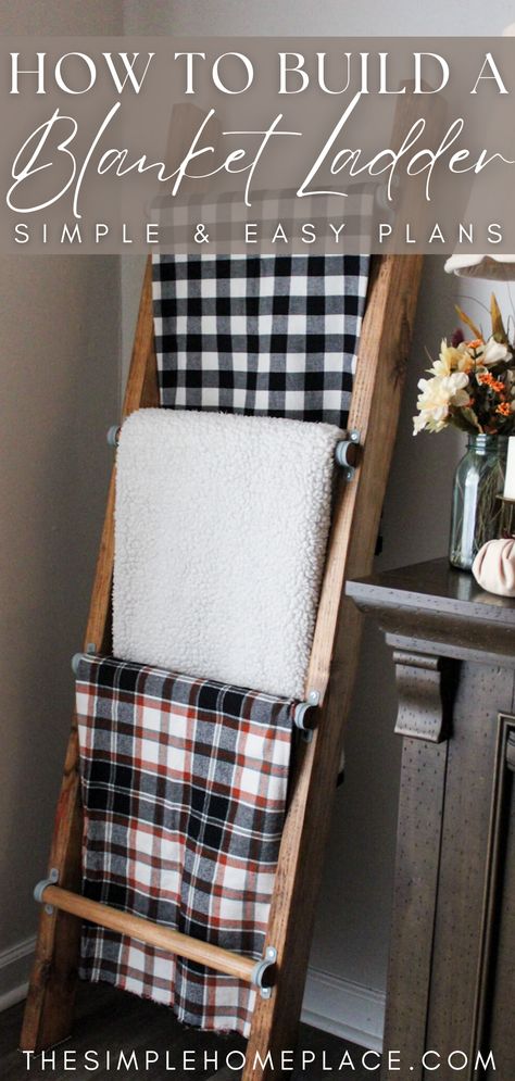 photo of a wooden blanket ladder with one blank and white checkered blanket, a fuzzy white blanket and an orange and black check blanket propped against a wall