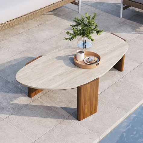 Free Shipping on Modern Geometric Beige Outdoor Patio Travertine Coffee Table with Wood Stand in Walnut｜Homary Unique Coffee Table Design, Elegant Coffee Table, Travertine Coffee Table, Perfect Coffee Table, Stone Coffee Table, Into The Wood, Stone Dining Table, Travertine Stone, Organic Forms