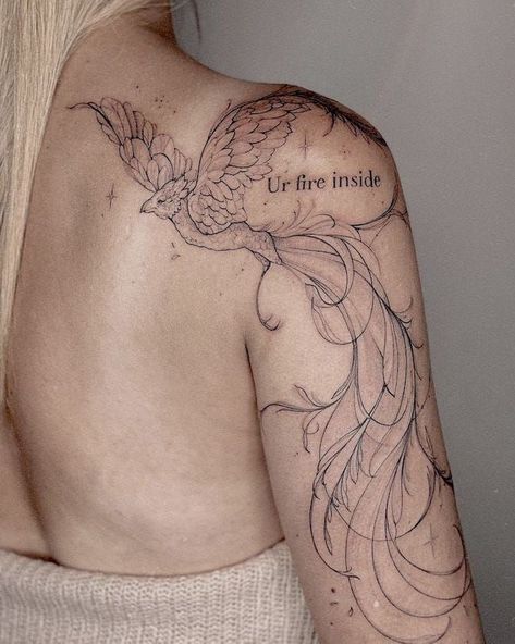 Phoenix Tattoo On Shoulder, Burning Pheonix Tattoo, Pheonix Tattoo For Women Thigh Beautiful, Feminine Sleeve Tattoo Ideas For Women, Phoenix Tattoo Shoulder For Women, Ornamental Phoenix Tattoo, Arm To Back Tattoo, Phoenix Ashes Tattoo, Phenix Tattoo For Women Arm