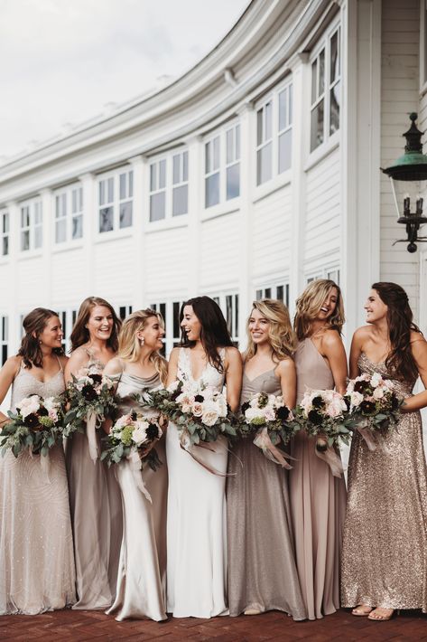 Glitter Bridesmaid Dresses, Mix Match Bridesmaids, Neutral Bridesmaid Dresses, How To Dress For A Wedding, Neutral Dresses, Gold Bridesmaid Dresses, Bridesmaid Colors, Mismatched Bridesmaids, Mismatched Bridesmaid Dresses