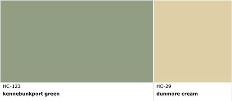 Benjamin Moore: kennebunkport green and dunmore cream Kennebunkport Green, Cream Benjamin Moore, Fresh Living Room, Green Exterior, Paint Color Palettes, Bungalow Style, French Country Cottage, Master Bedrooms, Paint Colours